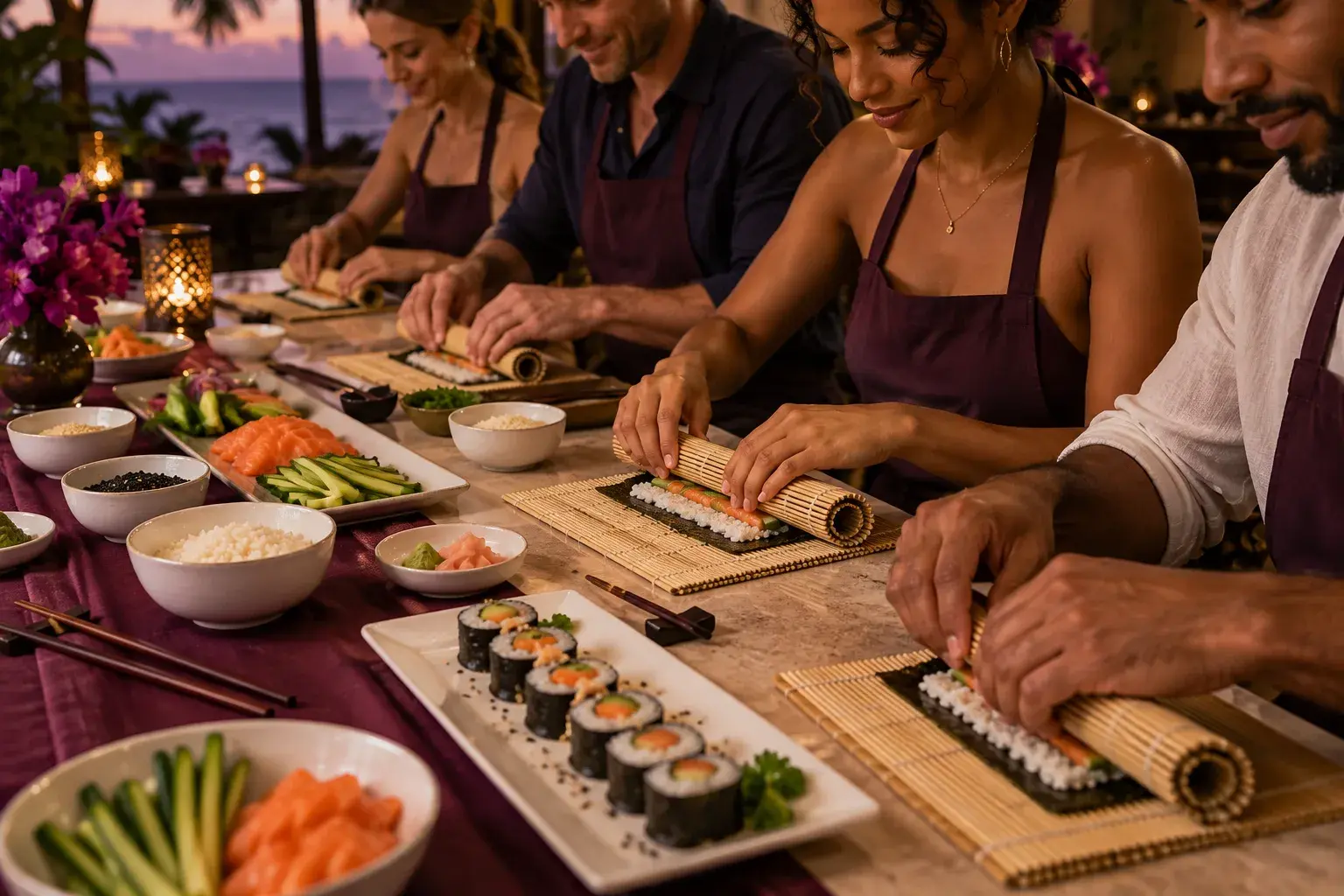 A small group learning to roll sushi together at a warm evening class