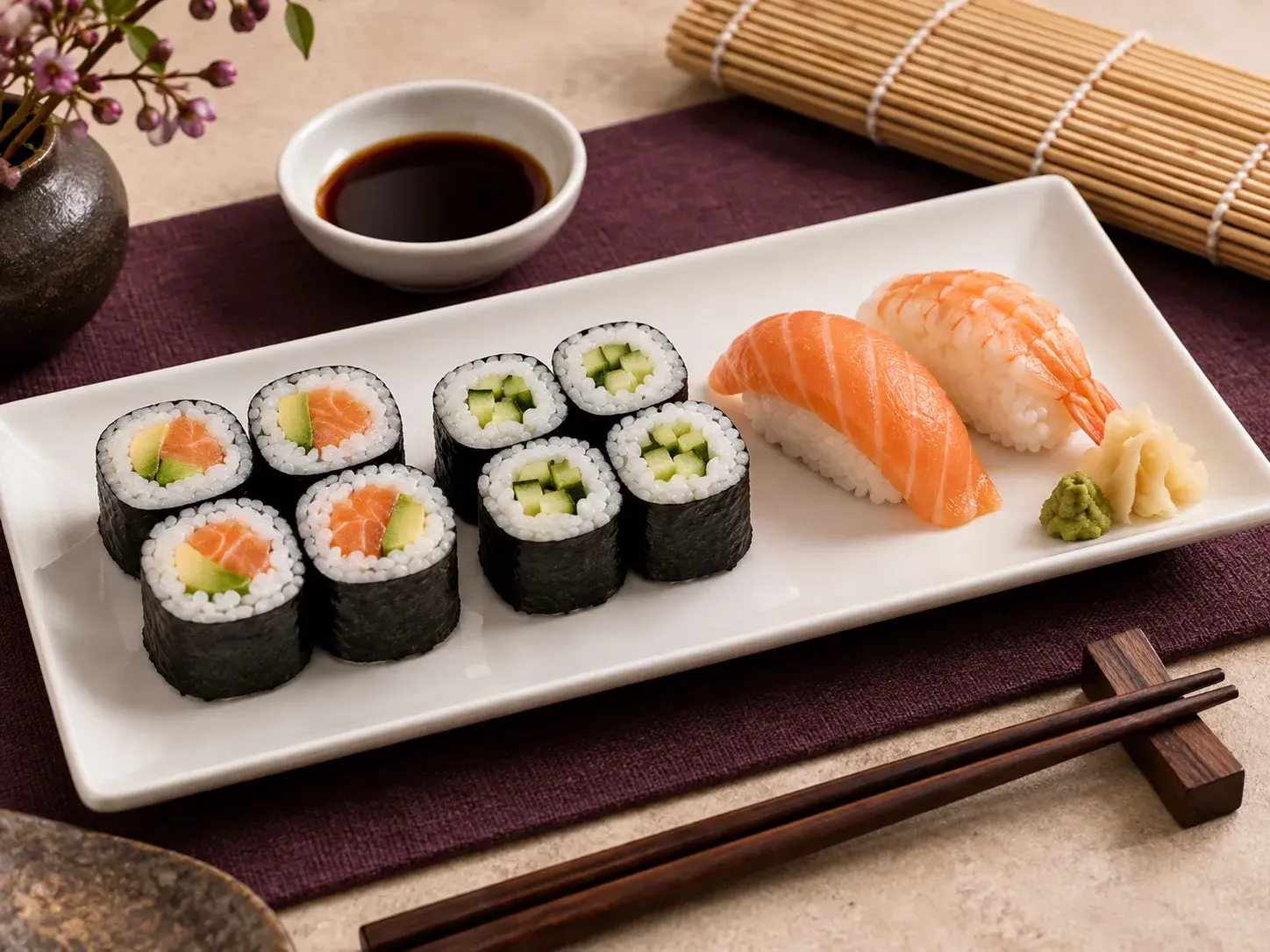 A finished plate of handmade maki and nigiri with a bamboo mat and chopsticks