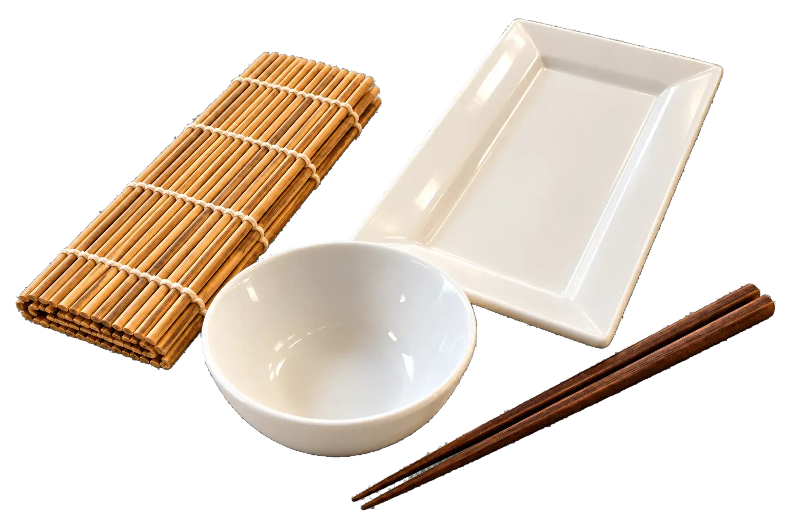 A bamboo sushi mat, white serving plate, preparation bowl and wooden chopsticks: the tools you use in class